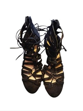 JustFab Black Lace Up Cage Gladiator Block Heels, 8.5